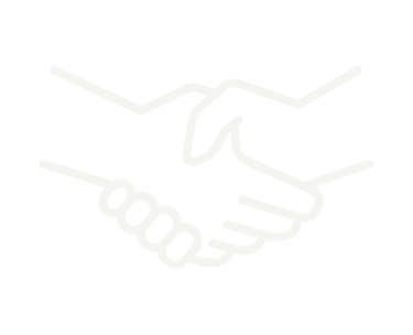 A minimalist white line art icon of a firm handshake on a black background representing business partnership.
