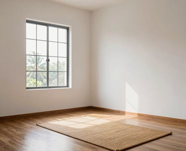 A clean, minimalist meditation room in Viluppuram, Tamil Nadu, India, featuring white walls, natural wood flooring, and a single woven mat, bathed in soft morning light from a large window.