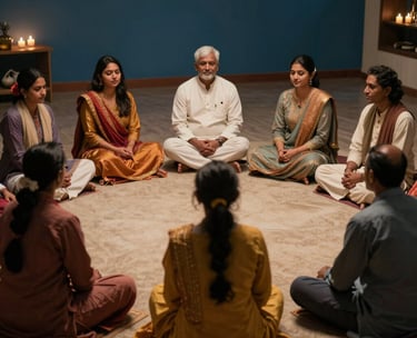 A medium shot of a small group of people in South Asian attire sitting in a circle during a satsang, in a warm indigo-colored room with soft candle lighting.