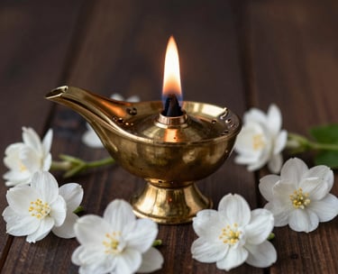 A close-up shot of a small brass oil lamp with a gentle glowing flame, placed on a dark wood surface, surrounded by white jasmine flowers, creating a serene spiritual atmosphere.