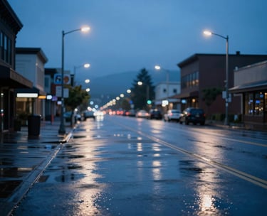 A moody, blurred urban street scene at twilight in the North American / Pacific Northwest, with streetlights reflecting cadet blue and light steel blue tones on wet pavement.