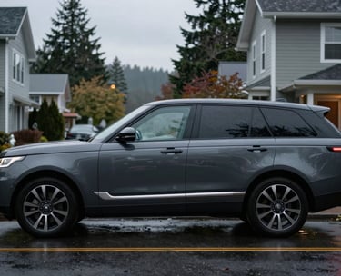 A discreet dark slate gray luxury SUV parked on a quiet, rainy street in a North American / Pacific Northwest neighborhood during the evening.