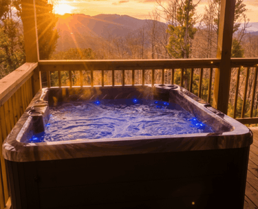Steaming private hot tub on a secluded wooden deck overlooking the lush forest in Gatlinburg, Tennessee