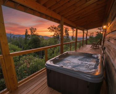 Steaming private hot tub on a secluded wooden deck overlooking the lush forest in Gatlinburg, Tennessee