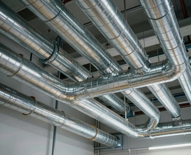 A clean, modern North American mechanical room with well-organized pipes and silver metal ducts, reflecting professional industry standards and high-quality workmanship.