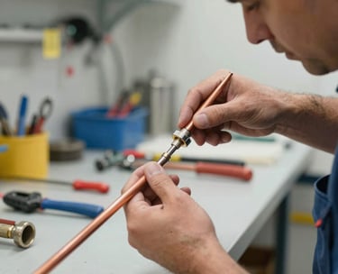 A close-up, dynamic shot of a North American / US plumbing apprentice intently learning to solder copper pipes under the guidance of a seasoned instructor, whose hands are also visible. The setting is a well-lit, modern vocational training workshop with tools and equipment in the background, conveying professionalism and practical skill development. Focus on clear, sharp details of the hands and the materials. Realistic, documentary style.