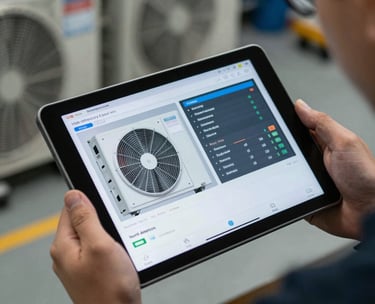 A close-up of a digital diagnostic tablet being held by a professional in a workshop, showing technical data for a high-efficiency HVAC system in a North American setting.