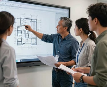 A focused, medium shot of a diverse group of North American / US HVAC students and an instructor reviewing blueprints or digital schematics on a large screen in a collaborative, modern classroom setting. They are engaged in discussion, pointing to details on the plan. The lighting is bright and even, highlighting teamwork and forward-thinking education. Professional, clean style.