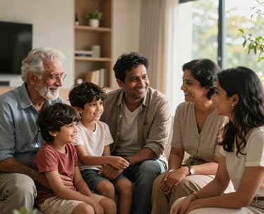A smiling South Asian / Indian family—grandparents, parents, and children—gathering in a modern, sunlit living room, representing healthy emotional connections.