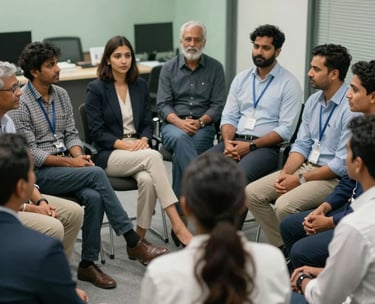 A diverse group of South Asian / Indian individuals sitting in a circle during a community meeting, engaged in respectful conversation, professional office setting with soft green accents.