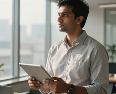 A South Asian / Indian professional standing in a sunlit modern office, holding a tablet, looking thoughtful and trustworthy, soft natural light filtering through large windows.