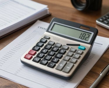 A modern digital calculator and neatly stacked financial ledgers on a wooden surface in a high-end Spanish / Latin American office.