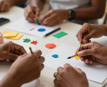 Artistic shot of hands engaged in a creative craft workshop in a South American / Brazilian setting, focusing on colorful materials and collaborative spirit.
