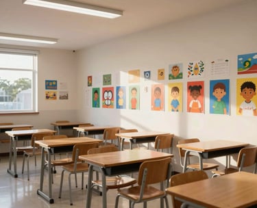 A bright South American / Brazilian classroom with wooden desks and student artwork on the walls, captured in a modern, sophisticated architectural style with soft morning light.