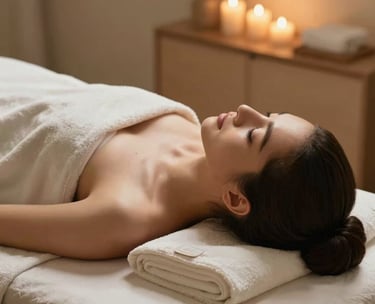 A photography shot from the side of a female customer lying on a massage table, her eyes closed in bliss. The background is softly blurred with warm candle light and sage-colored textiles. Global / International Luxury.