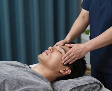 A high-end photography shot of a male customer receiving a relaxing head massage from a therapist. The environment is serene with blue-grey and dark teal decor. Global / International Luxury.