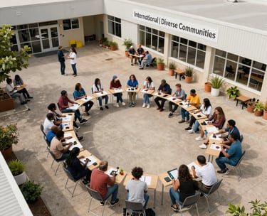 An aerial view of a vibrant, clean community center where people are gathering for an educational workshop, International / Diverse Communities, bright and inviting.