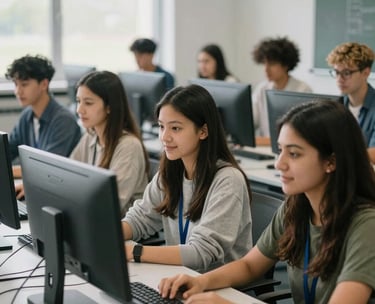 A diverse group of students learning in a modern, brightly lit computer lab, International / Diverse Communities, focused and hopeful atmosphere, soft morning light.