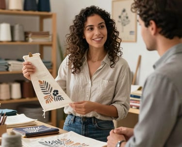 A local entrepreneur proudly showing her small textile business products to a mentor, warm and inviting atmosphere, International / Diverse Communities.