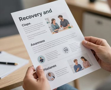 Close up photography of hands holding a printed educational brochure about recovery and self-awareness in a modern North American indoor setting.
