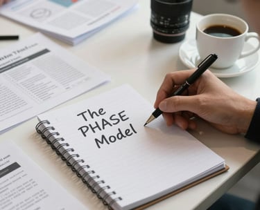 A professional workshop setting in North America, showing a clean table with high-quality educational materials, a notepad with 'The PHASE Model' written clearly, and a cup of coffee.