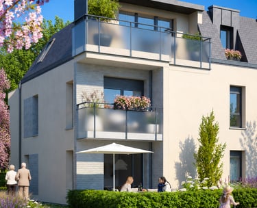 Vue extérieure photoréaliste d’un immeuble résidentiel moderne avec lumière chaude du soir, balcons 