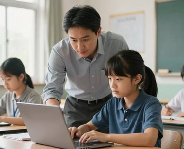 A professional photography shot of a mentor assisting a young student with a laptop in a modern North American classroom, soft morning light, focusing on youth empowerment and education.