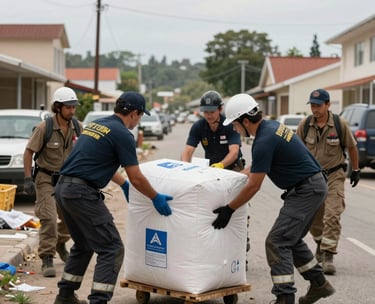 A high-action, professional photo of a disaster relief team unloading supplies in a North American town after a crisis, highlighting timely support and resilience.