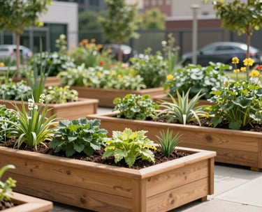 A bright, professional photograph of a modern community garden in a North American urban setting, with well-maintained wooden planters and lush greenery, symbolizing sustainable community development and growth.
