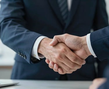 A close-up photograph of a lawyer’s hands shaking a client's hand in a North American / US office setting. The composition is focused on the handshake, symbolizing agreement and trust. Soft lighting with Medium Blue tones.