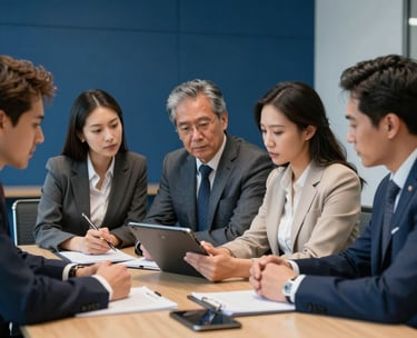 A collaborative team meeting of North American / US legal professionals in a conference room. They are looking at a tablet together, working with focus and purpose. The room features Deep Blue accents.