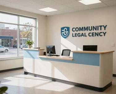 A bright, clean interior of a community legal center in a North American / US city. The scene shows a welcoming reception desk with soft Off-white and Light Blue accents, natural sunlight streaming through large windows.