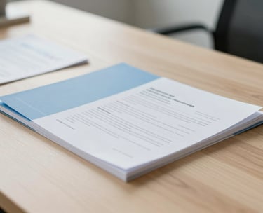 A close-up shot of professional documents on a minimalist wooden desk in a bright Northern European office, featuring light blue and off-white tones, soft natural lighting.