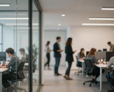 An out-of-focus background of a collaborative Danish office space with glass walls and clean architectural lines, professional and secure atmosphere.