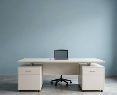 A minimal office interior with light blue walls and off-white furniture, soft lighting, expressing a peaceful and professional mood.