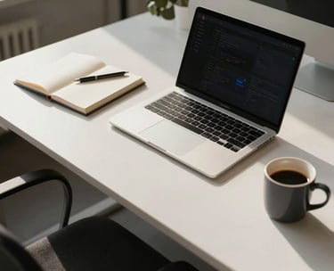A top-down view of a clean desk with a laptop, notebook, and a coffee mug in a modern Danish design office, soft morning light casting gentle shadows.