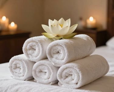 Elegant arrangement of rolled white towels and a single lotus flower in a premium Indian spa interior with soft, warm lighting.