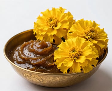 Macro shot of fresh yellow marigold flowers and sandalwood paste in an elegant Indian brass bowl.