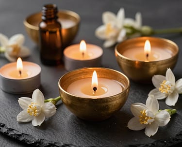 Close-up of a luxury South Asian spa setting with warm candlelight, aroma oils in gold bowls, and fresh jasmine flowers on a dark charcoal surface.