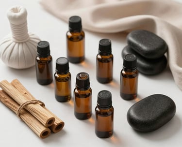 Overhead shot of luxury aromatherapy oils, massage stones, and sandalwood sticks on a clean white surface with beige silk cloth.