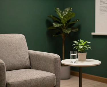 A close-up photograph of a serene, modern consulting room in a North American clinic. The room features dark forest green accents and soft, warm lighting. A comfortable armchair and a small side table with a glass of water and a botanical plant are visible, creating a peaceful atmosphere.
