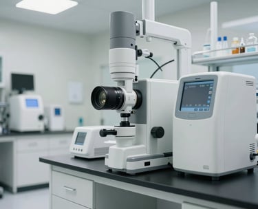 A professional and calming photograph of a modern laboratory space with advanced medical equipment. The lighting is bright but soft, emphasizing a clean and innovative environment. The color palette includes light sage and white tones, reflecting a state-of-the-art North American healthcare facility.