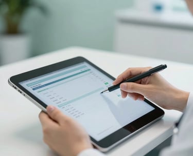 A close-up photograph of a medical professional's hands carefully holding a digital tablet displaying health data, in a clean and modern North American office. The focus is on the technology and the professional touch, with soft green and white tones in the background.