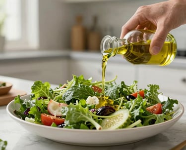 A high-quality photography shot of a healthy, vibrant salad being prepared in a bright North American kitchen. The focus is on fresh green vegetables and a hand drizzling olive oil. Lighting is natural and crisp, highlighting the textures of the food.