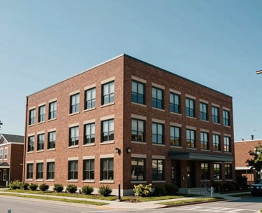 Photography of a modern and dignified brick office building in a clean North American suburban neighborhood under a clear blue sky, emphasizing stability and local commitment.