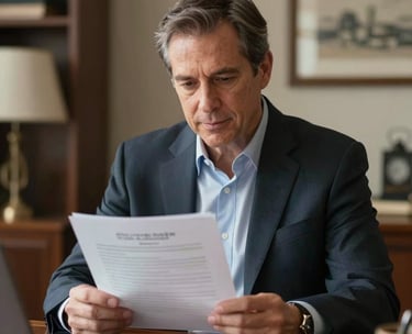 A focused shot of a professional North American man in his 60s looking at a financial document with a calm expression, in a warmly lit, upscale home office environment.