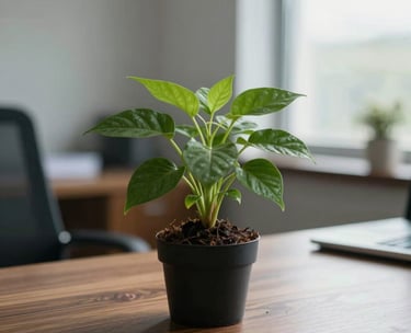 A close-up shot of a small, flourishing green plant on a polished wooden desk inside a professional office, with soft natural light coming through a window, representing growth and stewardship.