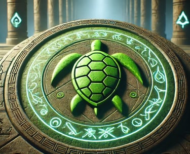 A detailed green turtle symbol etched into ancient stone, marking the spot in Agartha