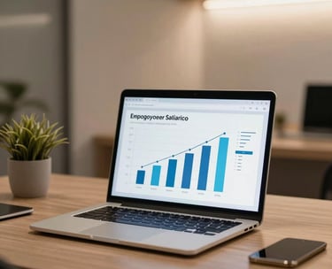 A professional corporate workspace in Brazil, with a laptop open showing positive employee satisfaction graphs, soft warm lighting, minimalist decor.