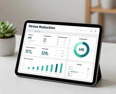 A clean modern tablet screen displaying a beautiful, professional HR dashboard showing stress reduction metrics. Minimalist desk background with a succulent, warm office atmosphere.